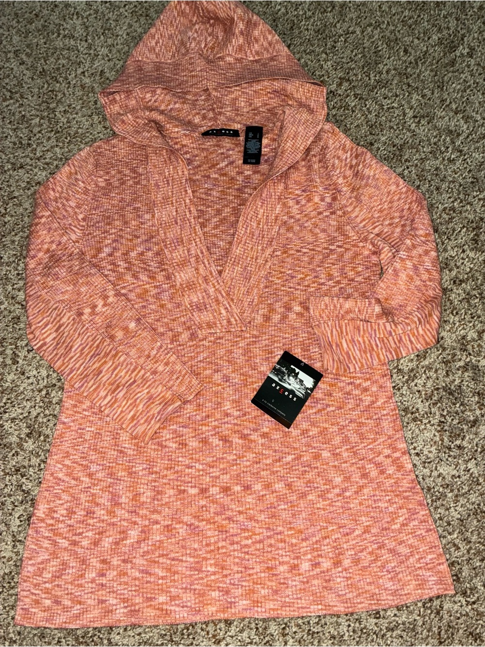 Cozy Hooded Knit Tunic Sweater in Coral Melange Womens NWT